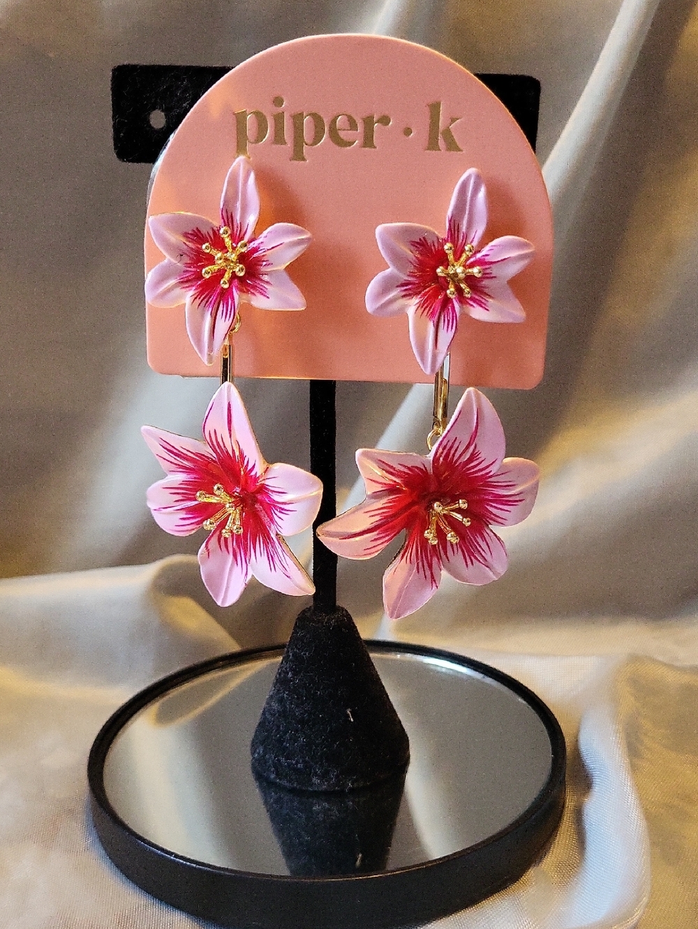 Piper K LILY Pink Floral Double Drop Earrings with Gold Accents TE